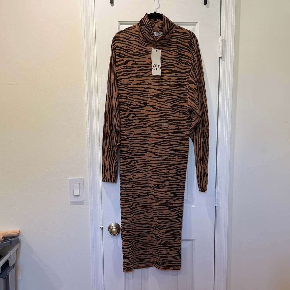 Zara Brown and Black Animal Print Long Sleeve Dress